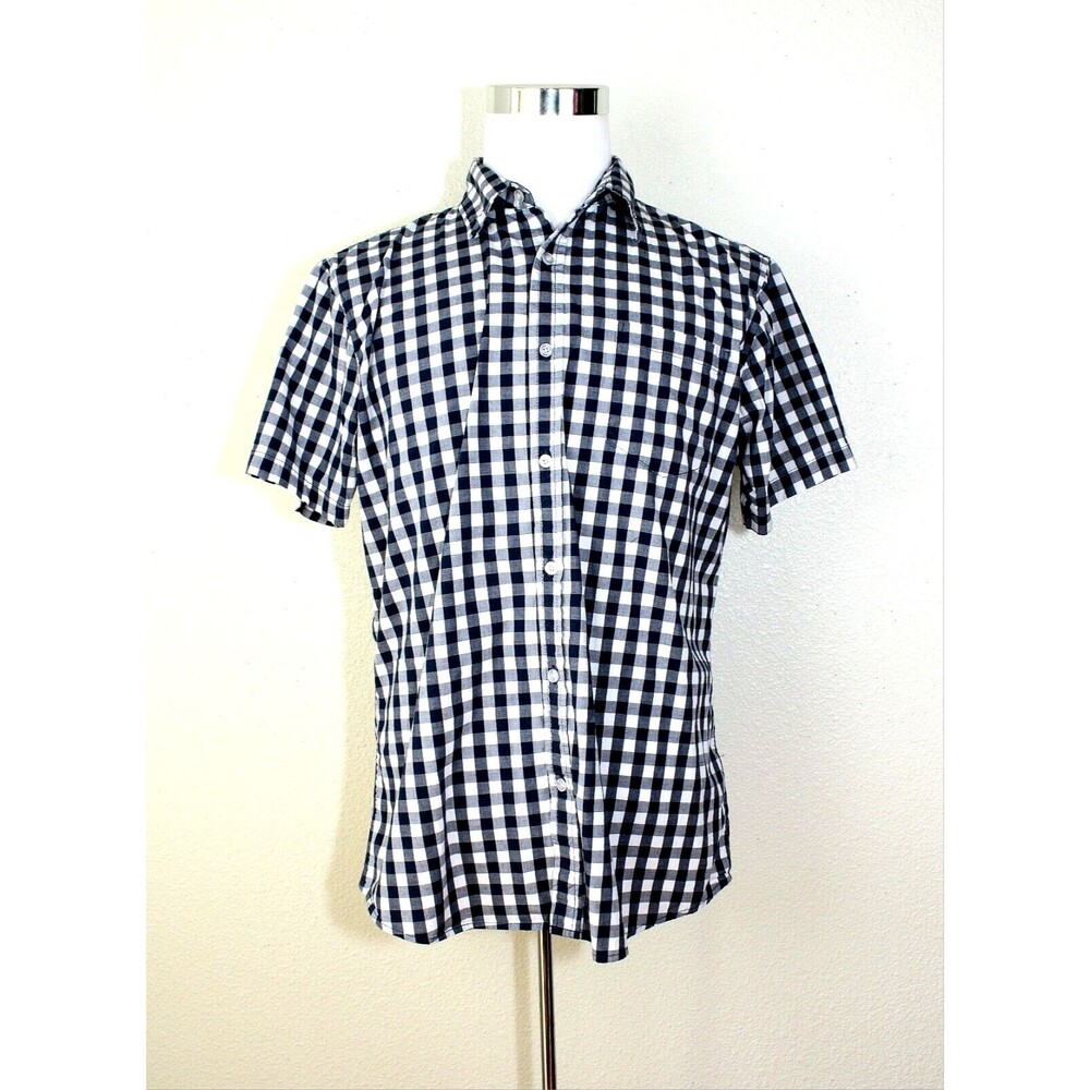 LEE Mens Casual Shirt Sz. L Button Front Blue White Plaid SS Normcore Geo  #02